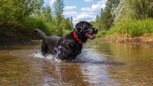 Black labrador retriever enjoying playful splash in sunlit stream