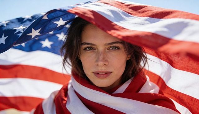 Wrapping woman with american flag, close-up freckled patriotic portrait in daylight