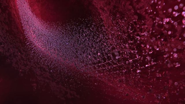 Magenta particle ribbon sweeping across dark maroon abstract background