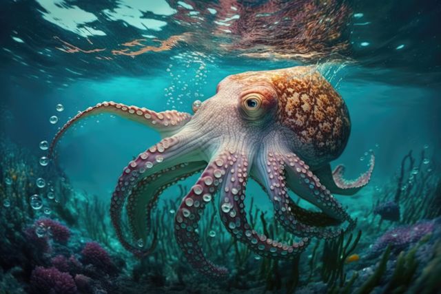 Close up of octopus swimming underwater, created using generative ai technology - Download Free Stock Photos Pikwizard.com