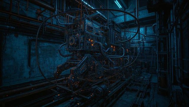 Futuristic industrial machinery in factory setting with illuminated orange details
