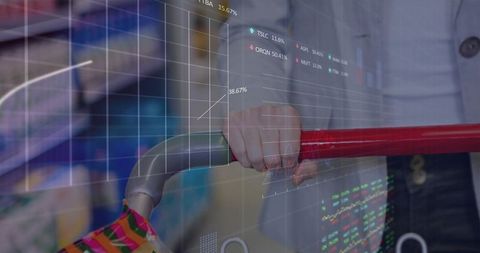 Hand gripping red shopping cart handle with financial data overlay and retail analytics