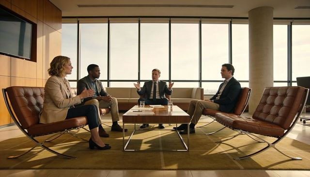 Executive team discussing strategy in modern office lounge with panoramic city skyline view