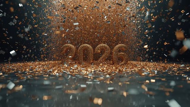 Shimmering 2026 numerals glowing amid falling gold confetti and dramatic studio lighting