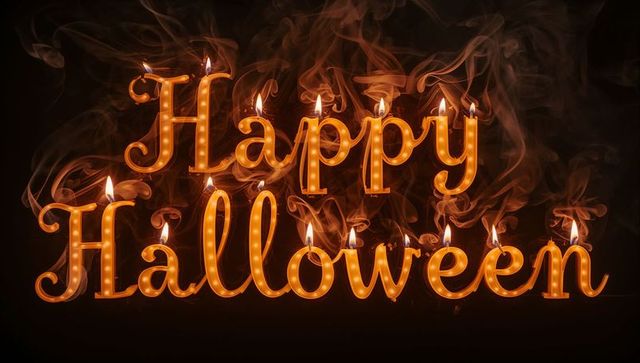 Glowing happy halloween lit up text with candle flames