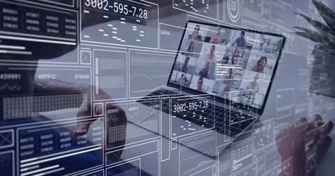 Virtual Team Meeting with Data Overlays in Modern Workspace
