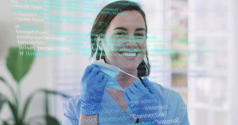 Nurse removing surgical mask with code overlay highlighting telemedicine, infection control