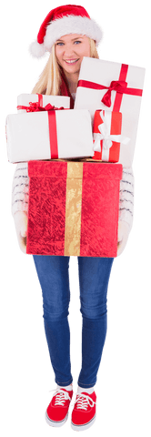 Joyful Blonde Holding Holiday Gifts in Transparent Background