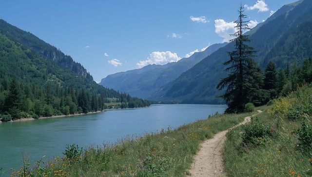 Turquoise alpine lake with wildflower trail and evergreen mountain valley