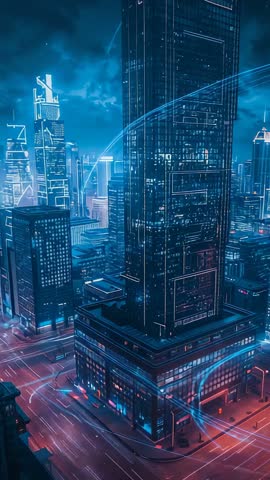 Drone Revealing Neon Data Streams Around Glass Tower in Futuristic Night Metropolis