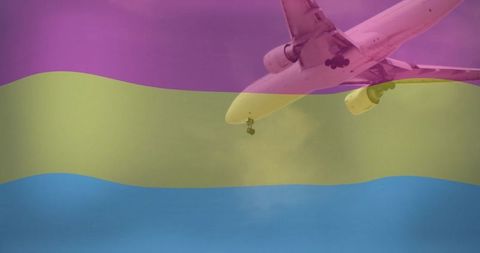 Airplane descending in sky with vibrant magenta yellow cyan overlay