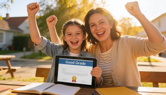 Mother and daughter celebrating good grade on tablet outdoors at picnic table