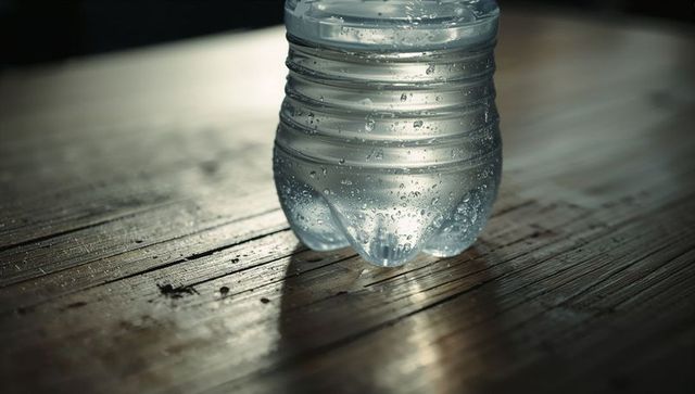 Condensation clinging to dented clear plastic water bottle on wooden tabletop, closeup