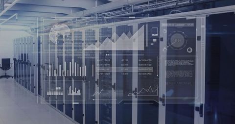 Holographic data center monitoring hud overlay displaying server performance metrics