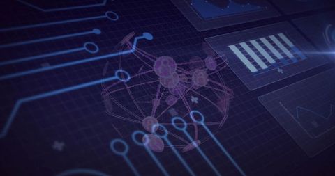 Pulsing 3d network globe with neon circuits and data dashboards for futuristic tech ui