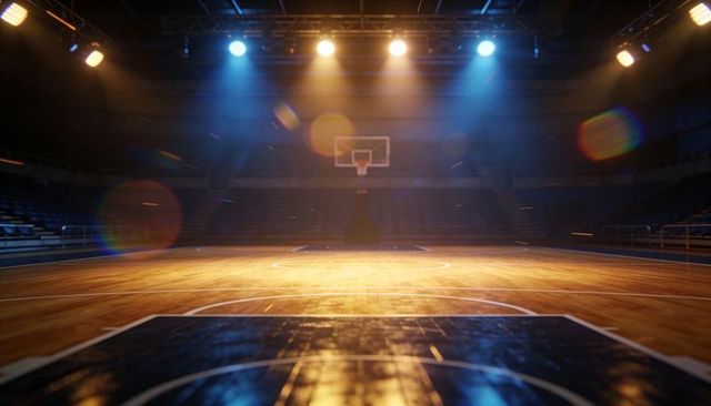 Dramatic basketball arena lighting illuminating hardwood court and hoop with lens flares