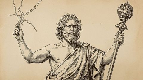 Mythological deity zeus holding lightning bolt and scepter on parchment background