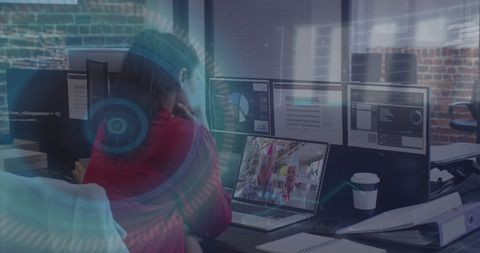 Businesswoman using vr headset in modern office with digital interface