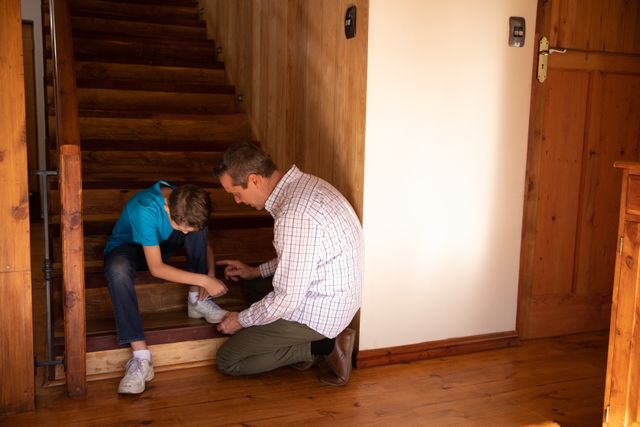 This image captures a heartfelt moment of a father helping his son tie his shoelaces on a wooden staircase at home. It is perfect for illustrating themes of parenting, family bonding, morning routines, and father-son relationships. It can be used in articles, advertisements, or social media posts related to family life, parenting tips, or back-to-school preparations.