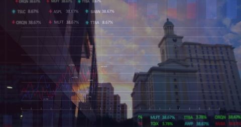 Stock Market Graphs Overlaying Urban Skyline