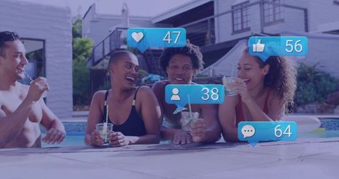 Group of Friends Enjoying Poolside Drinks with Social Media Icons