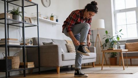 Young woman tying high-top sneakers in cozy living room with plaid shirt and rolled jeans