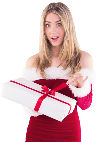 Surprised santa girl opening gift with transparent background