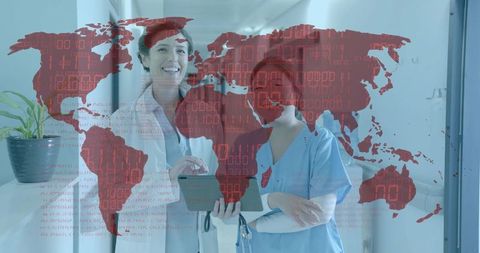 Medical team collaborating over tablet visualizing global data overlay with binary code