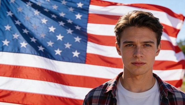 Young man standing facing american flag conveying patriotic pride and civic responsibility