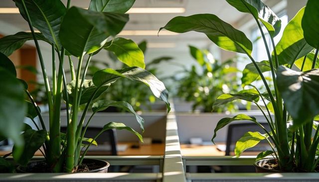 Biophilic office plants creating living green partition in open-plan workspace