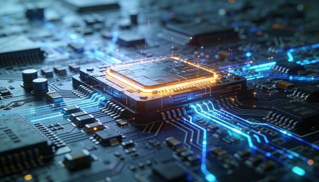 Glowing microprocessor on circuit board with neon data traces, advanced AI lab electronics