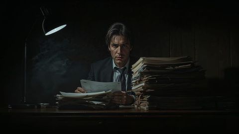 Focused prosecutor man analyzing documents in dimly lit office