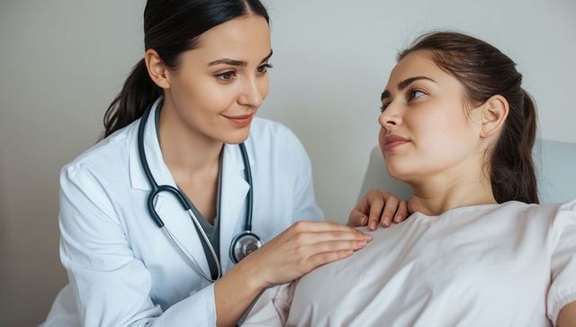 Doctor reassuring patient in hospital bed with compassion