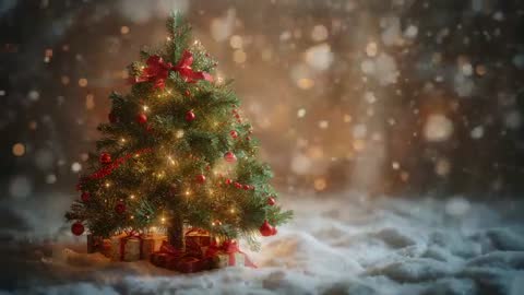 Small decorated Christmas tree glowing in gentle snowfall with wrapped gifts and warm bokeh