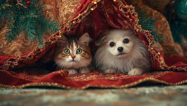Cozy cat and dog resting under elegant christmas brocade