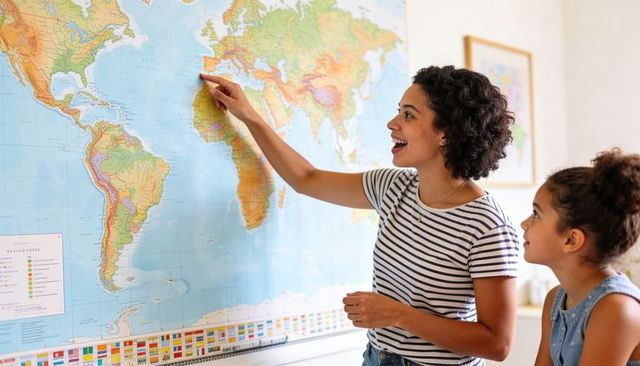 Woman pointing at world map while teaching curious girl geography in bright classroom