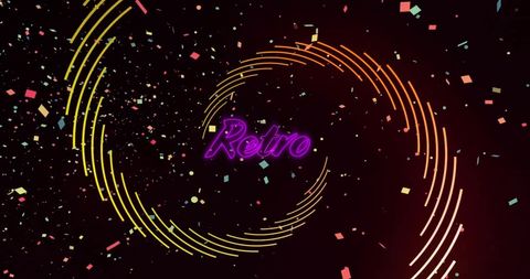 Bright Neon Retro Sign with Colorful Confetti on Black