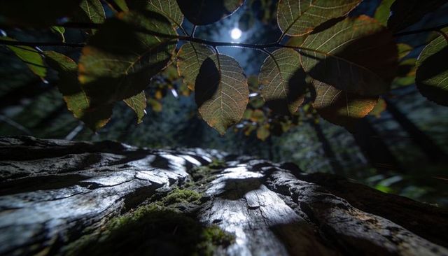 Moonlit forest canopy framing rugged tree trunk with backlit leaves, moss, deep shadows