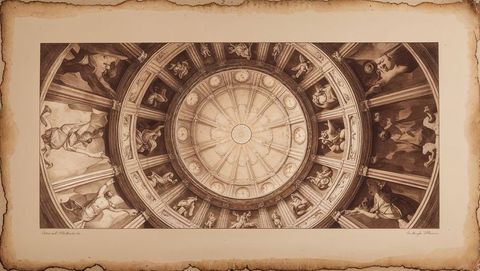 Classical sepia-toned domed ceiling on aged parchment