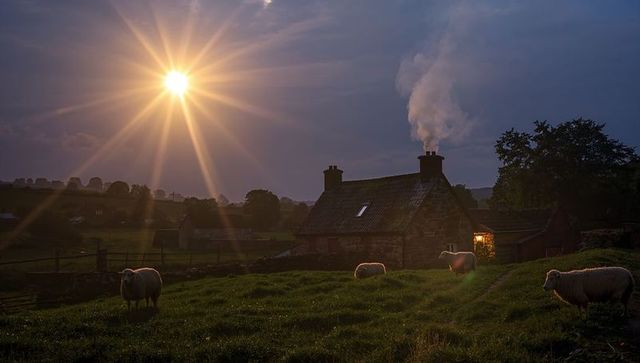 Sheep grazing at twilight by stone cottage with chimney smoke and starburst sun