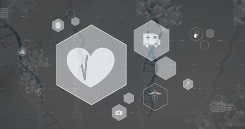 Futuristic healthcare dashboard visualizing heart pulse hexagon and ambulance icon