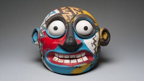 Colorful Geometric Tribal Mask with Bold Eyes and Distressed Paint for Concept Art