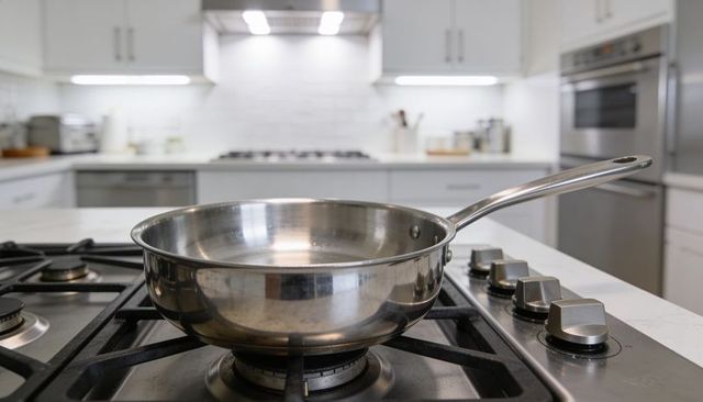 Stainless steel frying pan sitting on gas cooktop in bright modern kitchen