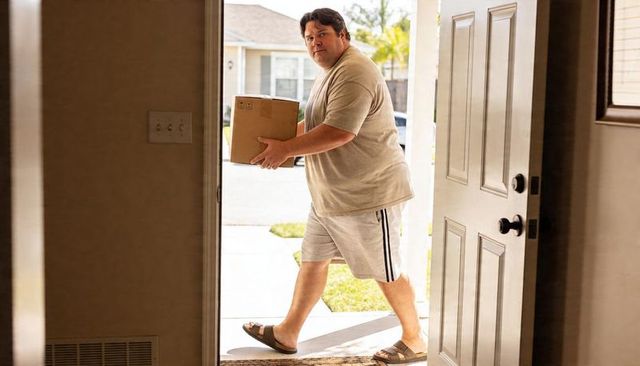 Middle-aged man carrying package through front door delivering parcel at home
