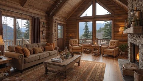 Cozy rustic log cabin living room showcasing central seating, fireplace and mountain view