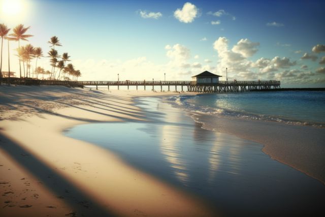 Beach and sea with palm trees, pier and sky with clouds created using generative ai technology. Vacation, beach, nature and landscape concept digitally generated image.