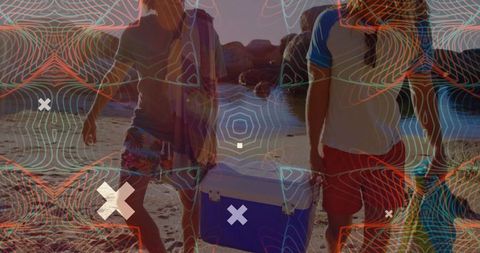 Beach fun with cooler: two men enjoying coastal adventure