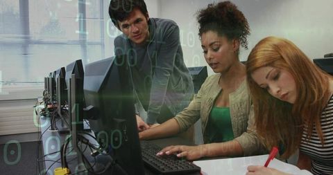 Students Collaborating on Coding Project in Computer Lab, Programming Training Scene