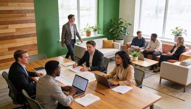 Business team discussing strategic plans in modern collaborative workspace with laptops