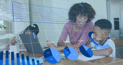 Home tutor teaching children at kitchen table with laptop and data graphics overlay
